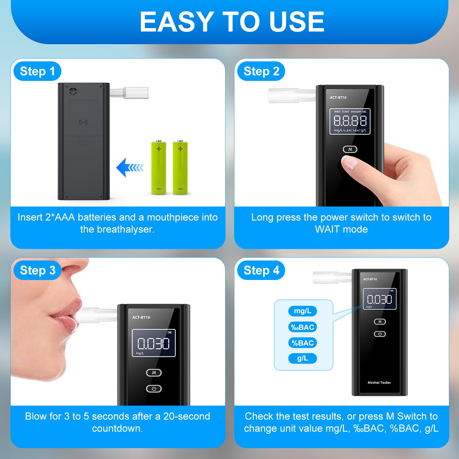 Milduall Alkoholtester Polizeigenau, Professioneller Alkoholmessgerät mit digitaler LCD-Anzeige Promillemessgerät Atemalkoholtester mit 10 Mundstücken, Gradgenauigkeit für Outdoor Patry
