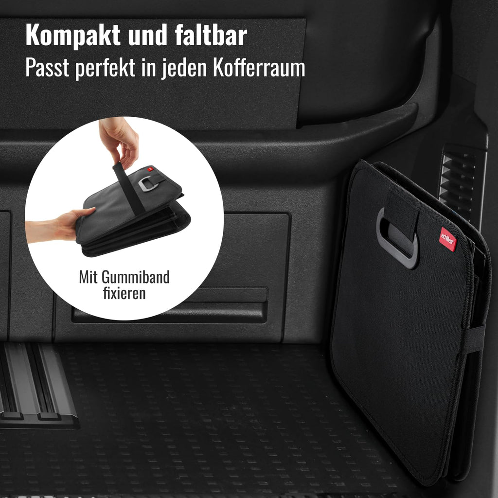 achilles Auto Kofferraum Organizer XL – Kofferraumtasche XL mit viel Stauraum – Geräumige & Pflegeleichte Faltbox – Auto Zubehör Innenraum Organizer – Stabiler Boden & Tragegriff – Schwarz
