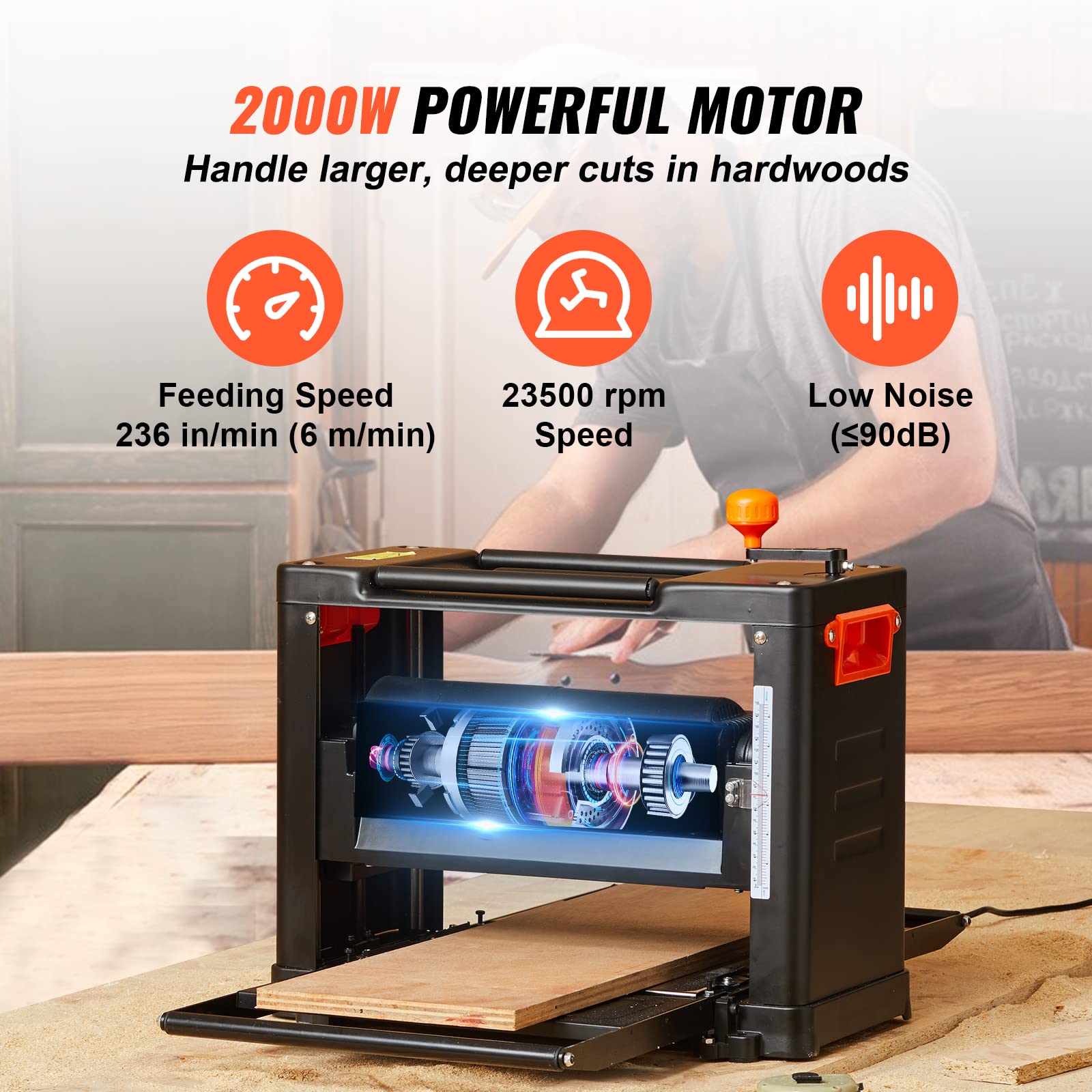 VEVOR Dickenhobelmaschine 2000W Leistung Dickenhobel 3 Hobelmesser Hobelmaschine Zwei Geschwindigkeiten 23500U/min Hobelbreite 33cm Schnittstärken 15cm Tischhobelmaschine Ideal zur Holzbearbeitung