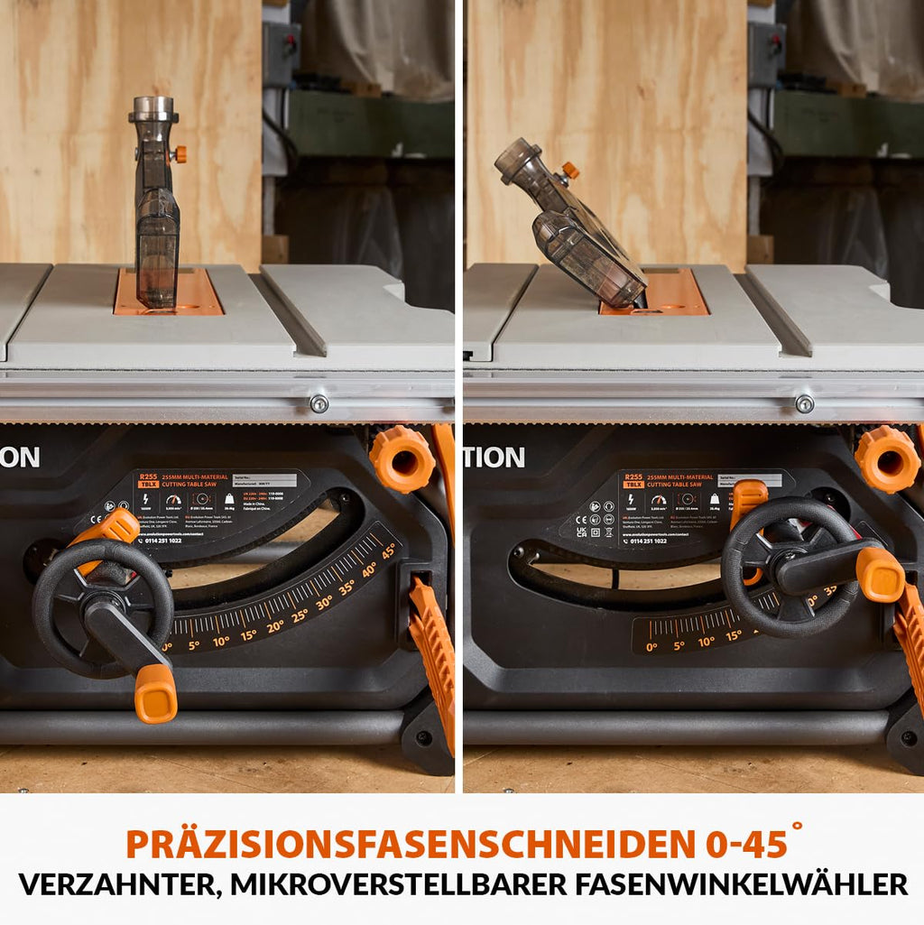 Evolution Power Tools R255TBL+ tischkreissäge, Tischsäge Tragbares Multi-Material-Sägeblatt im Lieferumfang enthalten Schneidet Holz Metall Kunststoff, 45˚ Fase, +/- 60˚ Gehrungswinkel, 1800w Motor