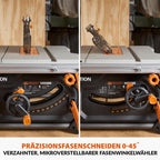Evolution Power Tools R255TBL+ tischkreissäge, Tischsäge Tragbares Multi-Material-Sägeblatt im Lieferumfang enthalten Schneidet Holz Metall Kunststoff, 45˚ Fase, +/- 60˚ Gehrungswinkel, 1800w Motor