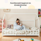 [en.casa] Kinderbett Sisimiut Hausbett Montessori 140 x 200 cm mit Rausfallschutz Holzbett für Kinder Bodenbett Lattenrost Kiefernholz Weiß matt
