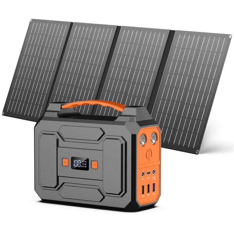 Powkey Powerstation mit Solarpanel 99Wh/27000mAh Tragbare Powerstation mit 40W Faltbare Solarpanel 100W Solargenarator mit 230V AC Ausgang/18W USB-A/USB-C für Wohnmobil Camping，schwarz-orange