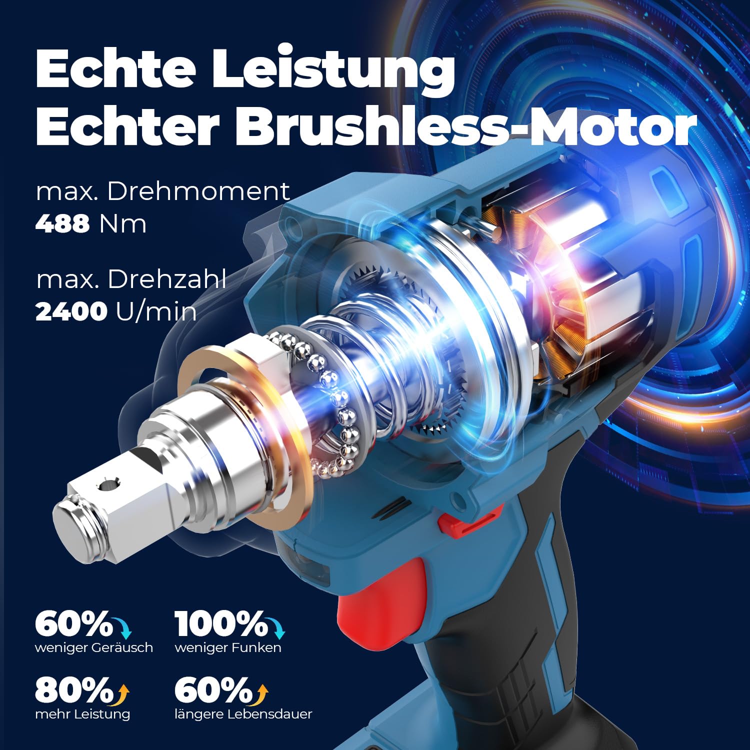 Dong Cheng Akku Schlagschrauber 18V, Bürstenloser Drehschlagschrauber1/2”, 488N.m, 3-Gang-Getriebe, mit 4 Schlagstecknüssen, inkl. 4000mAh Akku und 2A Ladegerät im Heavy-Duty-Tragekoffer