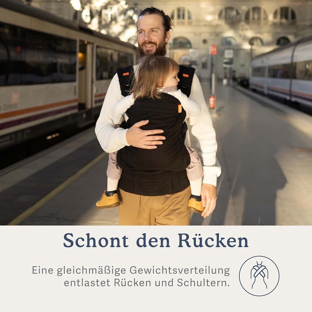 Beco Toddler Babytrage & Kindertrage (9-27 kg) - 100% Baumwoll Trage Kleinkind, Leicht & Atmungsaktiv, Hüftfreundlich mit 2 Tragepositionen: Bauchtrage & Rückentrage (Schwarz)
