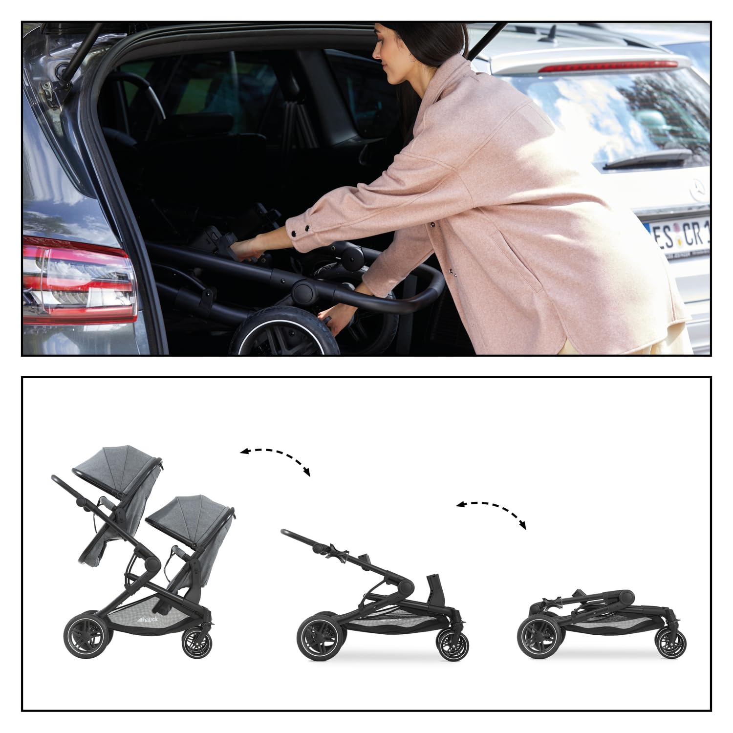 hauck Atlantic Twin, Melange Grey - Zwillingskinderwagen ab Geburt bis 15 kg je Kind - 2 Babywannen Umbaubar zu Drehbare Sportsitze mit Liegeposition - Faltbar - Höhenverstellbar - Gummi Räder