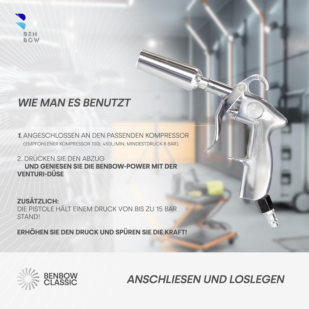 BenBow Druckluft Reinigungspistole Classic und Ausblaspistole mit Venturidüse – perfekte Lösung für gründliche Autoreinigung und schnelles Trocknen