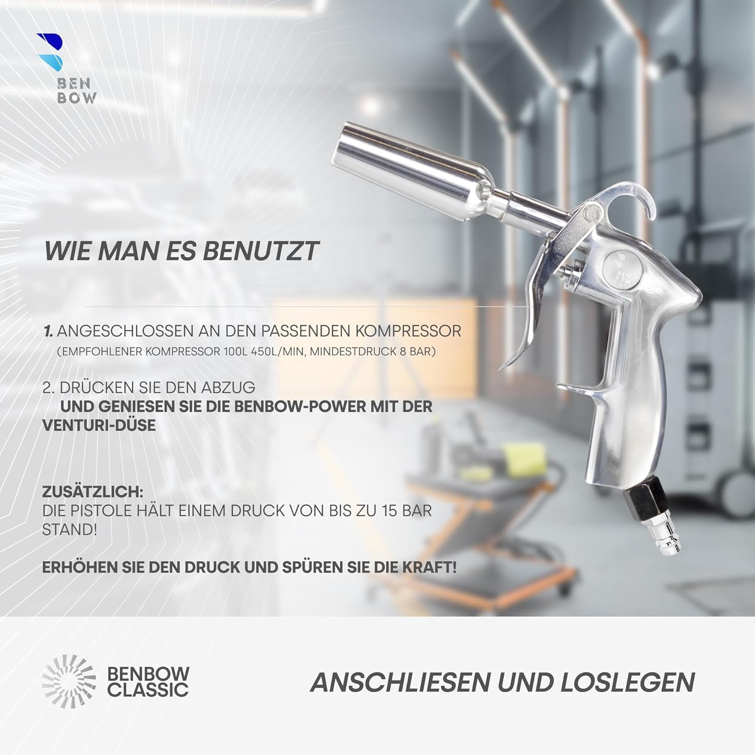 BenBow Druckluft Reinigungspistole Classic und Ausblaspistole mit Venturidüse – perfekte Lösung für gründliche Autoreinigung und schnelles Trocknen