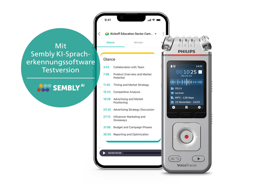 Philips DVT4115 VoiceTracer, Audio Recorder, MP3/PCM, 3 HiFi-Mikrofone, exzellente Fernaufnahme, Inkl. Sembly AI-Testlizenz: Transkription & KI-Zusammenfassungen