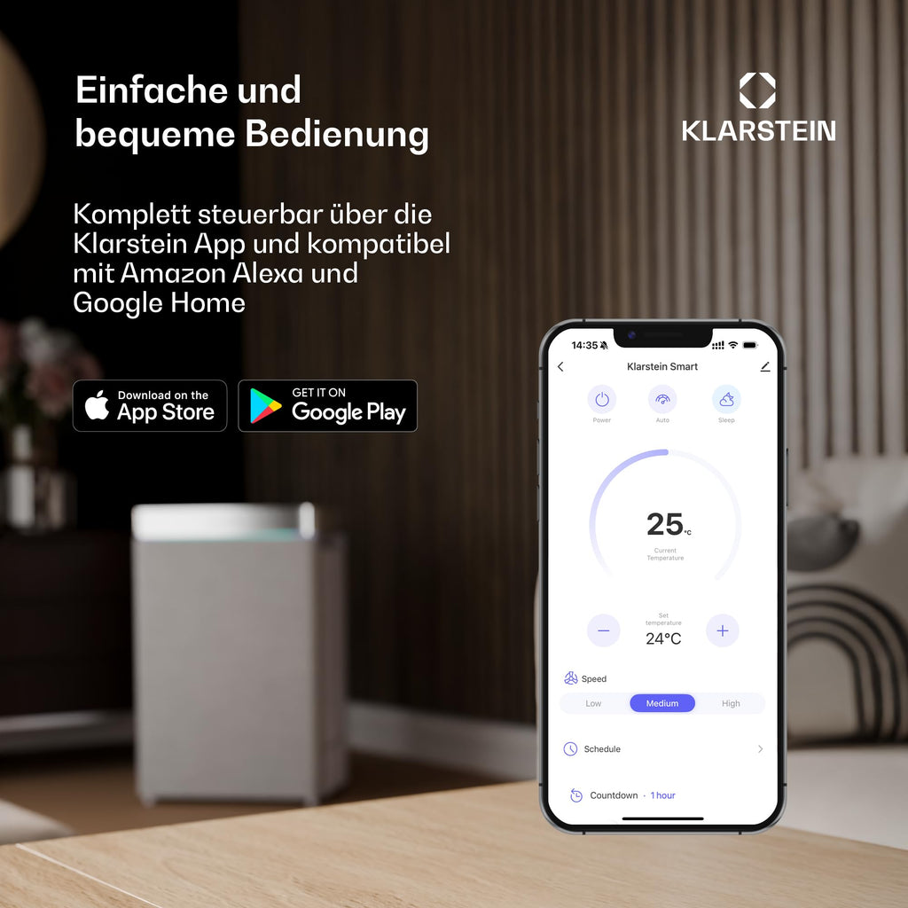 Klarstein Kraftwerk Smart 12K Mobiles Klimagerät – 12000 BTU, 35-59 m², App & Alexa Steuerung, 3-in-1 Kühlung, Entfeuchter & Ventilator, Leise, Timer, Ablaufschlauch Inkl., Weiß