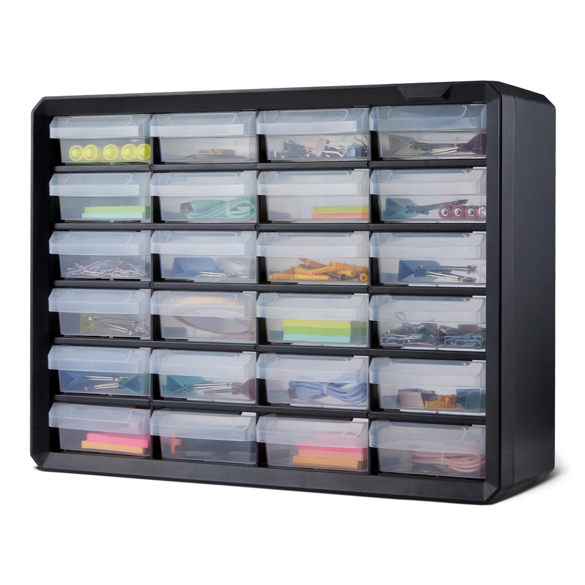 Amazon Basics Schubladenbox, 24-Fächer Kleinteilemagazin aus Kunststoff mit Trennwänden für Büro/Werkzeug/Basteln, Wandmontage, 16 x 54,1 x 40,1 cm, Schwarz