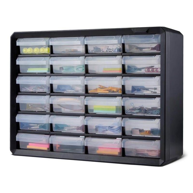 Amazon Basics Schubladenbox, 24-Fächer Kleinteilemagazin aus Kunststoff mit Trennwänden für Büro/Werkzeug/Basteln, Wandmontage, 16 x 54,1 x 40,1 cm, Schwarz