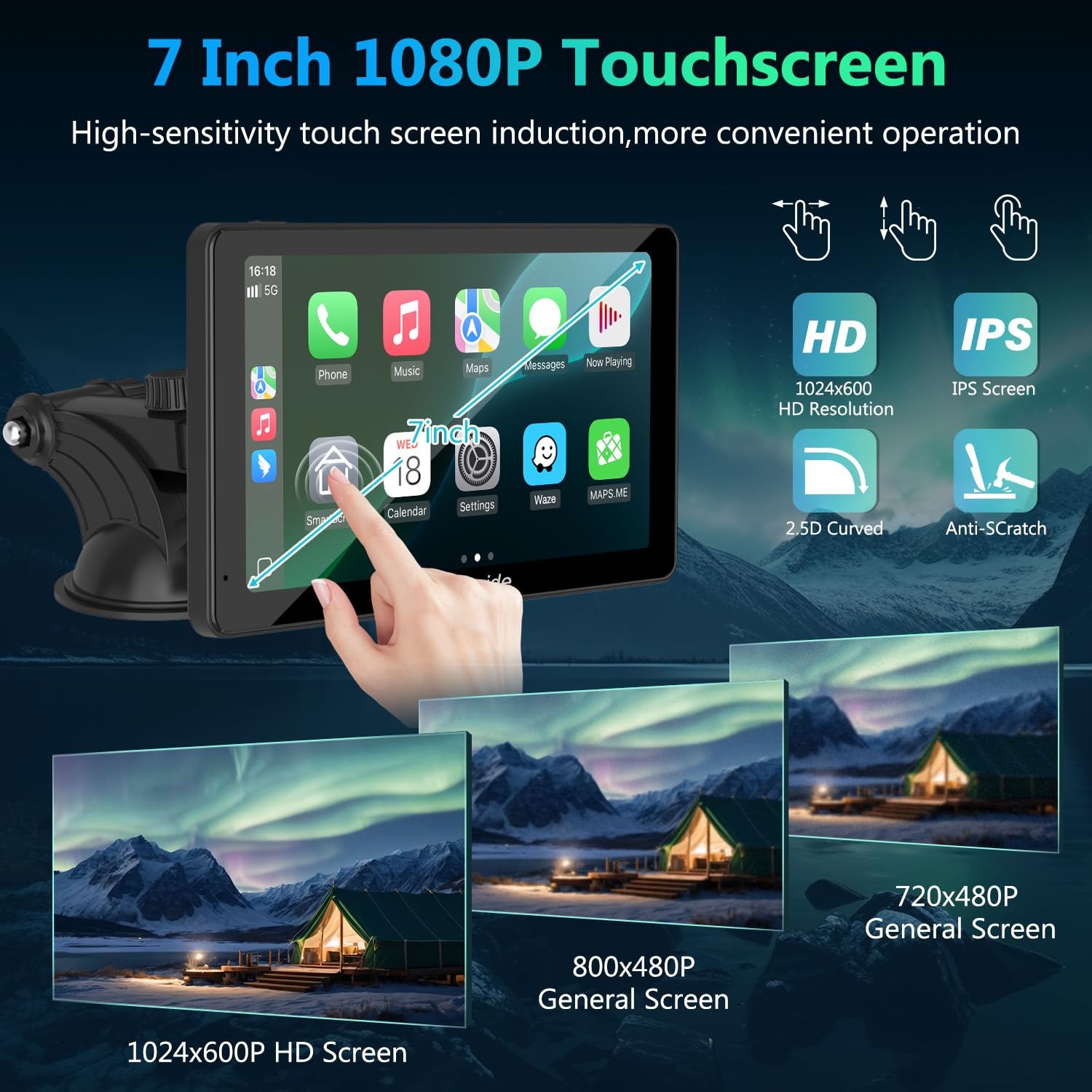 Carpuride Carplay Screen, Tragbares Kabelloses Carplay und Android-Auto, 7 Zoll 1080P HD-Touchscreen-Radio mit BT 5.0, Spiegel-Link-Unterstützung, LKW, Wohnmobil, Armaturenbrett-Halterung