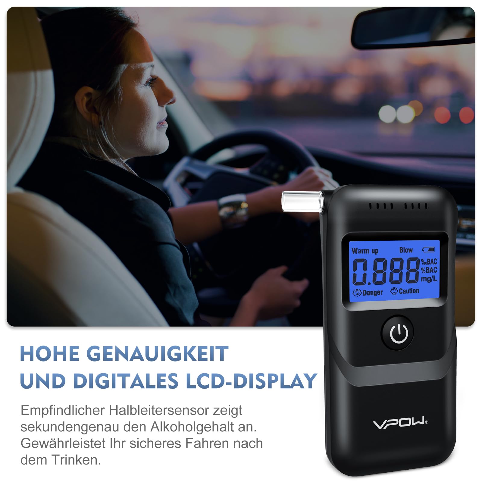 VPOW Alkoholtester, Professioneller Alkoholtester mit digitaler Blauer LCD-Anzeige, Atemalkoholtester mit Gradgenauigkeit für den privaten professionellen Gebrauch zu Hause - Dunkles Schwarz