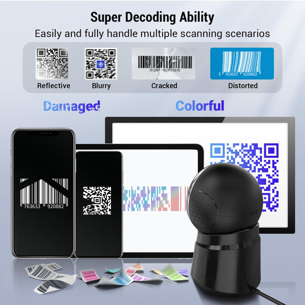 Tera Barcode-Scanner Desktop Omnidirektional: 1D 2D QR Freihändiger USB-Verdrahteter Barcodescanner Einstellbarer Scan-Kopf für POS Supermarkt Einzelhandelsgeschäft Mobile Zahlung Modell 9000