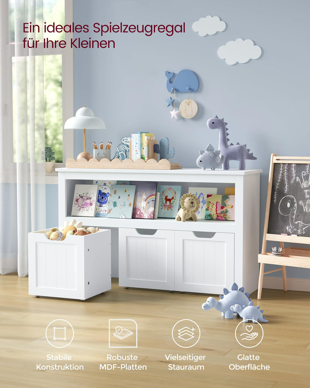 VASAGLE Kinderregal, Spielzeugaufbewahrung für Kinder, Aufbewahrungsschrank, Spielzeugschrank, Aufbewahrungsbox mit Rollen, Spielzeugregal, für Kinderzimmer, 30 x 102 x 60 cm, weiß LHS380W01