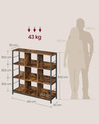 VASAGLE Regal mit 3 Ebenen, Bücherregal, Standregal mit 9 Fächern, für Wohnzimmer, Schlafzimmer, Arbeitszimmer, Küche, 30 x 100 x 103,1 cm, vintagebraun-tintenschwarz LLS112B01