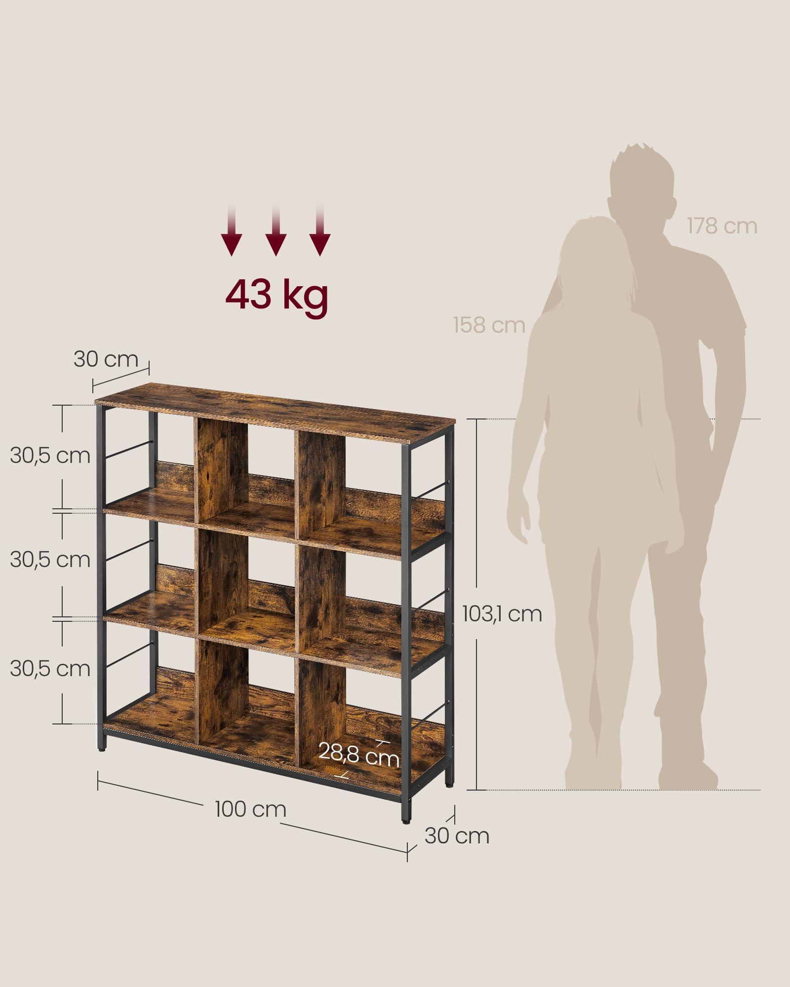 VASAGLE Regal mit 3 Ebenen, Bücherregal, Standregal mit 9 Fächern, für Wohnzimmer, Schlafzimmer, Arbeitszimmer, Küche, 30 x 100 x 103,1 cm, vintagebraun-tintenschwarz LLS112B01