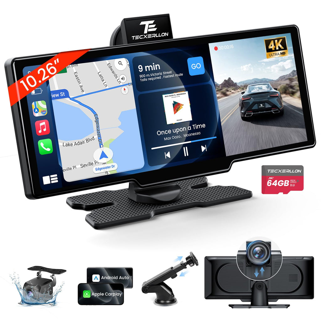 TECXERLLON 10,26 Zoll Wireless Carplay & Android Auto, Apple Car Play Display mit 4K Dashcam&1080P Rückkamera, Android Auto Display mit GPS Navigation, Mirror Link AUX FM 64G TF