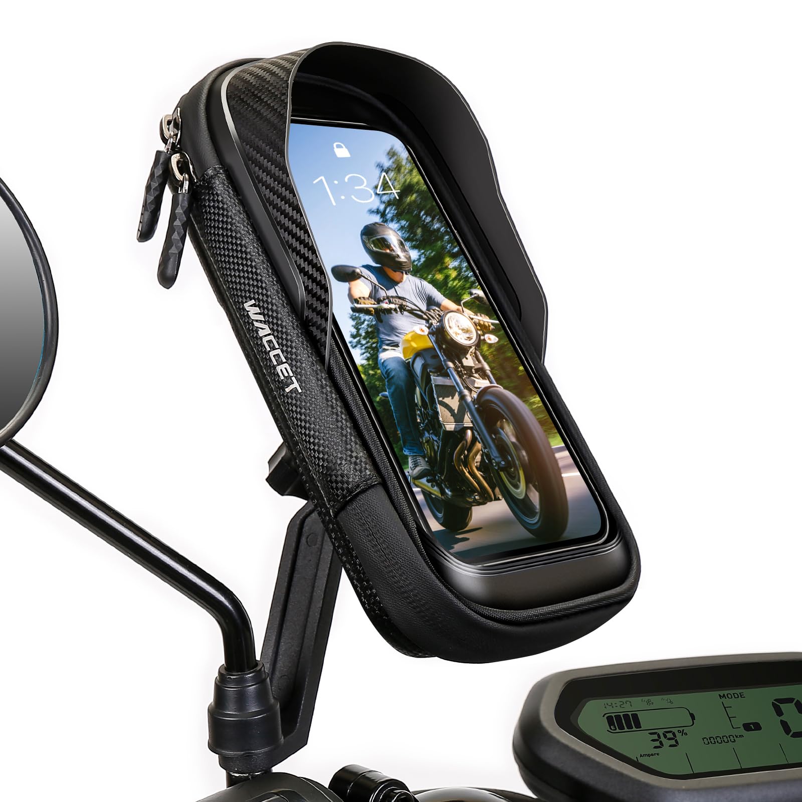 WACCET Handyhalterung Motorrad Wasserdicht, Motor Halterung 360° Drehbarer Handyhalter für Motorrad Spiegel mit Sonnenblende Touch ID Roller Handyhalterung für Smartphone is zu 7,2" (Schwarz)