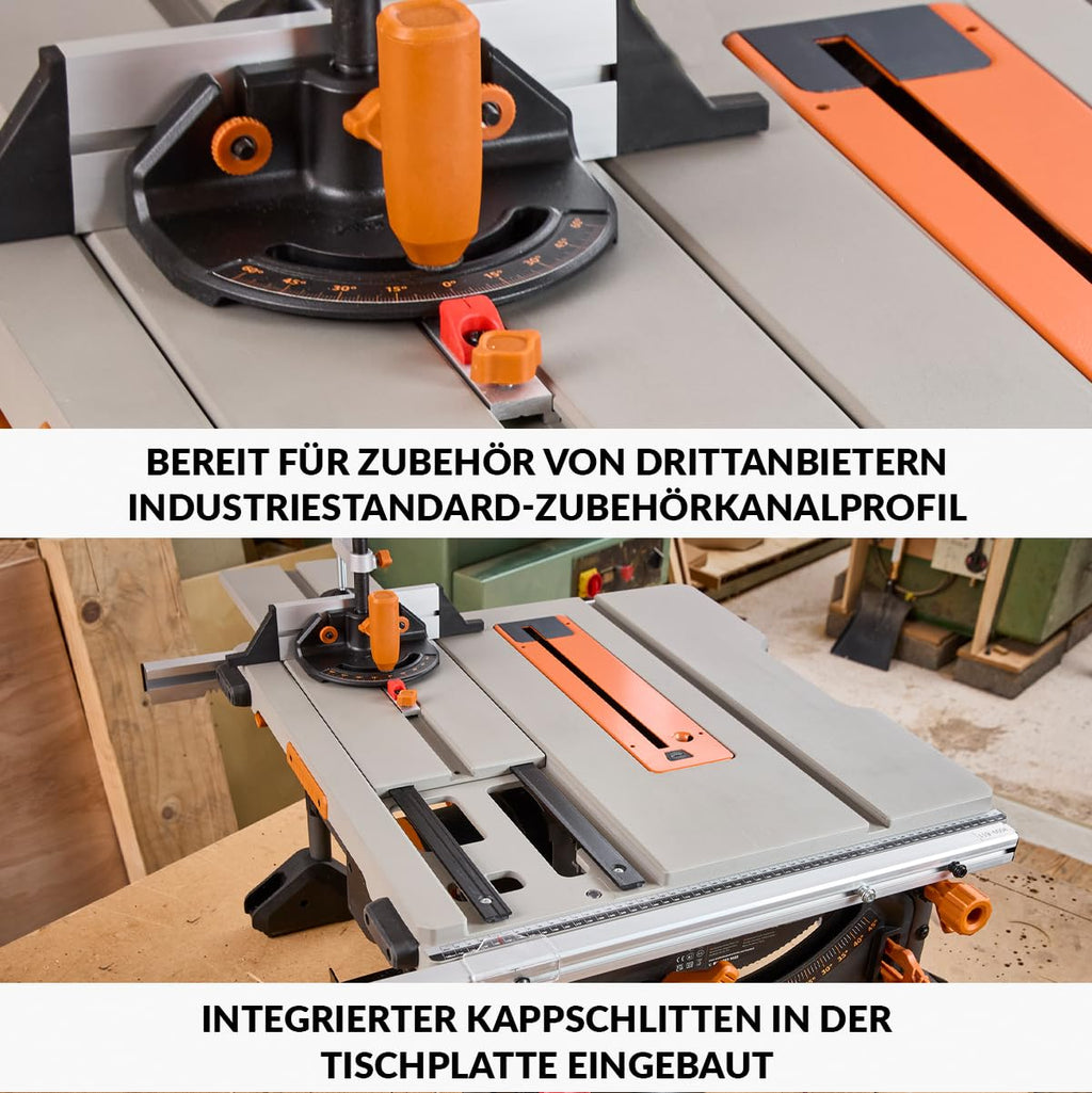 Evolution Power Tools R255TBL+ tischkreissäge, Tischsäge Tragbares Multi-Material-Sägeblatt im Lieferumfang enthalten Schneidet Holz Metall Kunststoff, 45˚ Fase, +/- 60˚ Gehrungswinkel, 1800w Motor