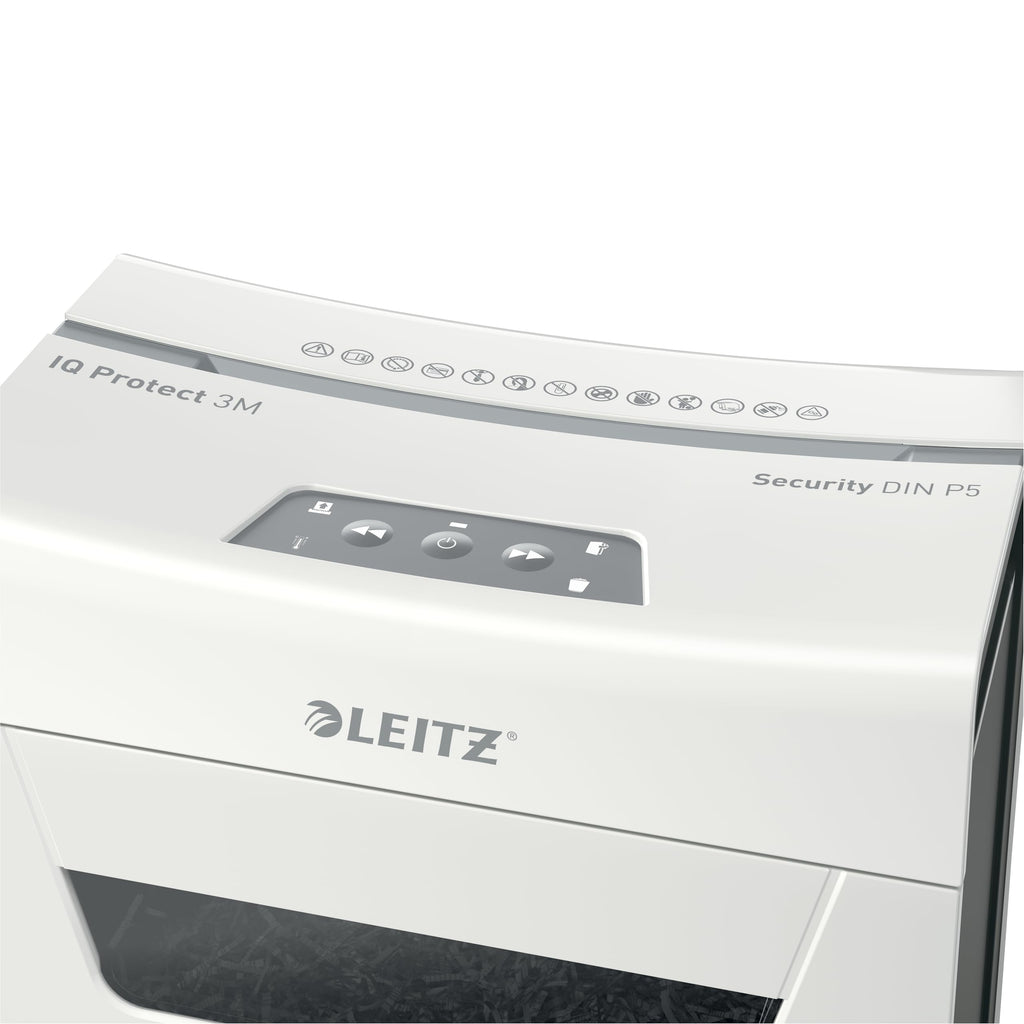Leitz IQ 3M Premium Aktenvernichter P5, Mikroschnitt, 4-3 Blatt (70-80g/m²), Super leise, kompakt & sauber, TÜV+GS zertifiziert, 10L Behälter, für Büro & Home Office, Protect Serie, Weiß, 80930000