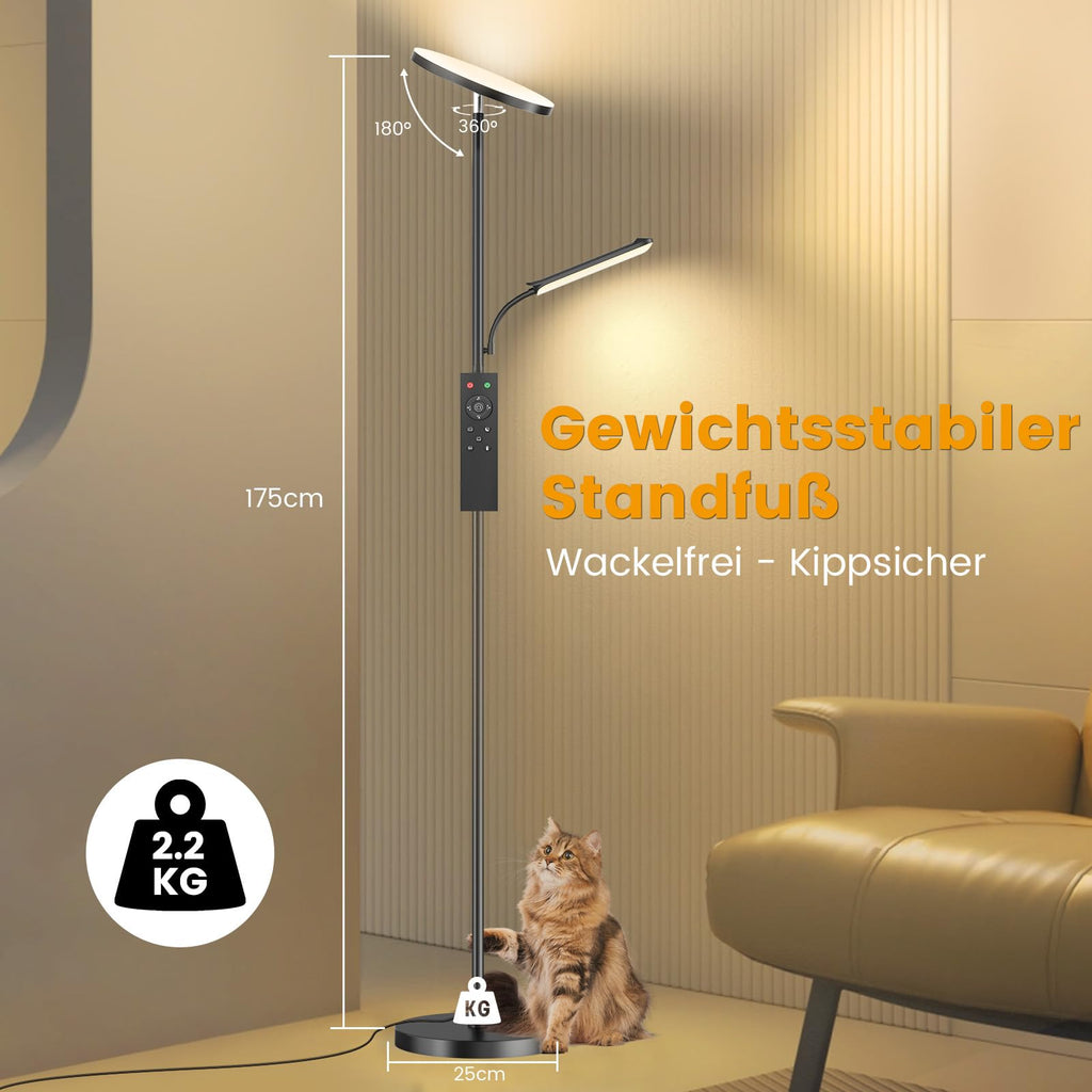 Stehlampe Wohnzimmer, 42W Deckenfluter mit Leselampe, 4200LM LED Stehlampe Dimmbar mit 2700K-6500K Farbtemperatu, Moderne Standleuchte mit Fernbedienung & Touch-Steuerung für Wohnzimmer Schlafzimmer