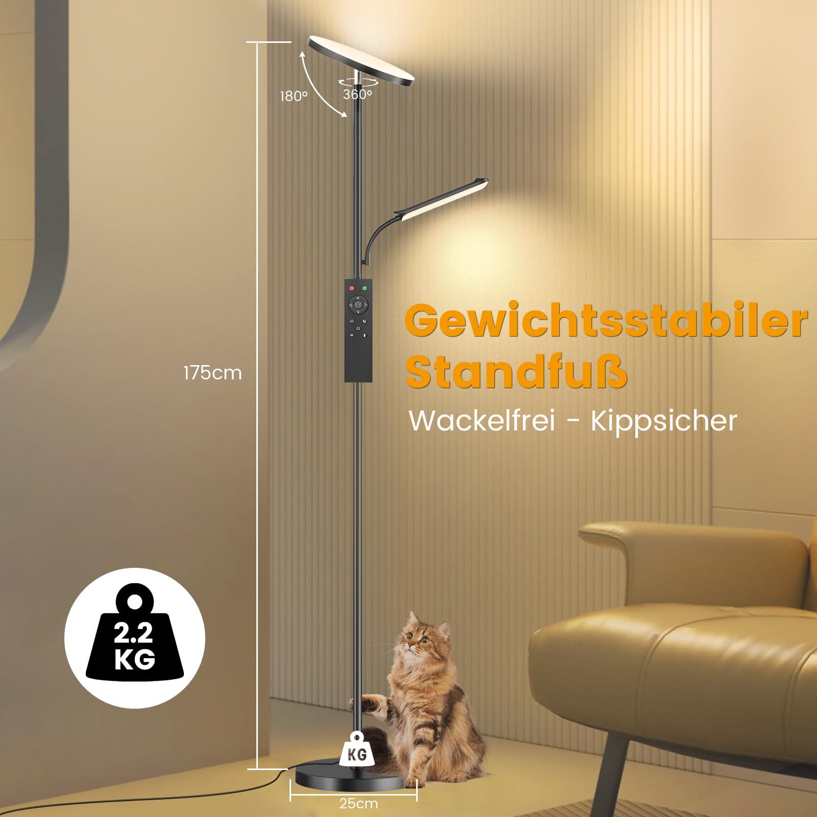 Stehlampe Wohnzimmer, 42W Deckenfluter mit Leselampe, 4200LM LED Stehlampe Dimmbar mit 2700K-6500K Farbtemperatu, Moderne Standleuchte mit Fernbedienung & Touch-Steuerung für Wohnzimmer Schlafzimmer