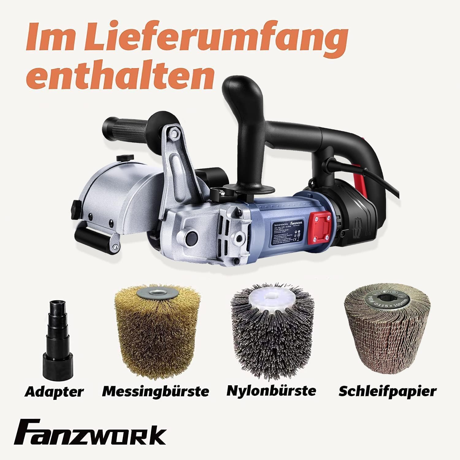 FANZWORK V2 1500 Watt Satiniermaschine zur Renovierung von Oberflächen aller Art, mit Staubsaugung-Anschluss, Drehzahlregelung, Kugelgriff, Stahldraht& Nylon & Schleifpapier Bürste