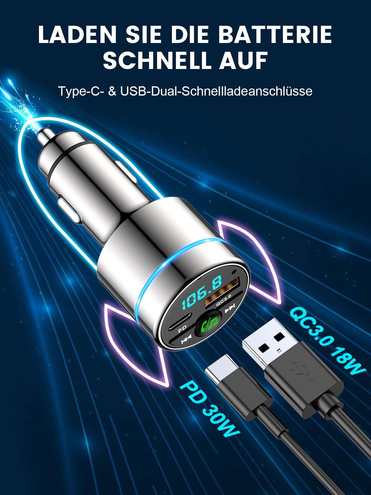 Mohard FM Transmitter Auto Bluetooth 5.3, Ganzmetall PD 30W & QC3.0 18W Schnelles Autoladegerät Zigarettenanzünder, KFZ Bluetooth Adapter Auto Freisprechanlage, Noise Cancelling Mikrofon, Ringlicht
