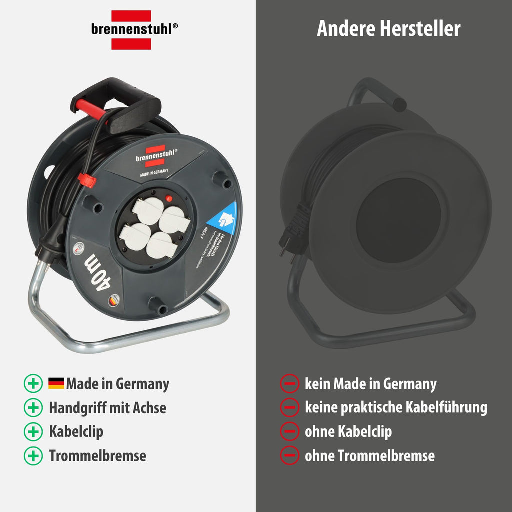 Brennenstuhl Garant V2 Kabeltrommel 40m Kabel (Made in Germany, 4 Schutzkontakt-Steckdosen, Überhitzungsschutz, Trommelkörper aus Spezialkunststoff)