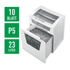Leitz IQ Aktenvernichter Office P5, Mikroschnitt, 11-10 Blatt (70-80 g/m²), TÜV+GS zertifiziert, 2 Stunden Dauerbetrieb, Herausziehbarer 23L Behälter, Sehr leiser Schredder für Büro, Weiß, 80020000