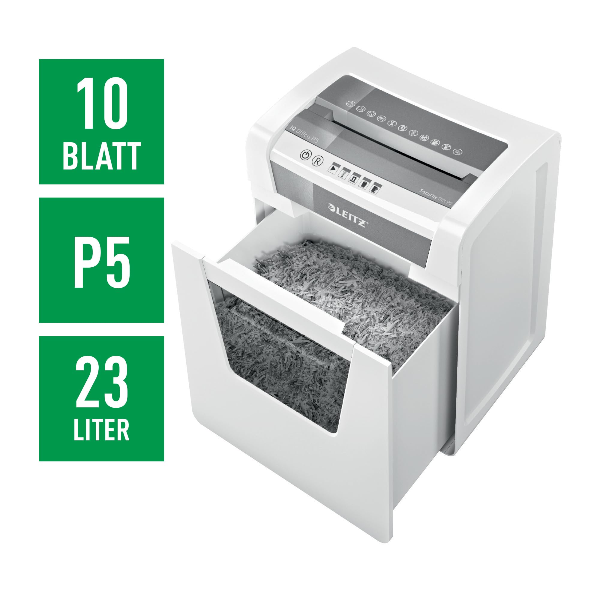 Leitz IQ Aktenvernichter Office P5, Mikroschnitt, 11-10 Blatt (70-80 g/m²), TÜV+GS zertifiziert, 2 Stunden Dauerbetrieb, Herausziehbarer 23L Behälter, Sehr leiser Schredder für Büro, Weiß, 80020000