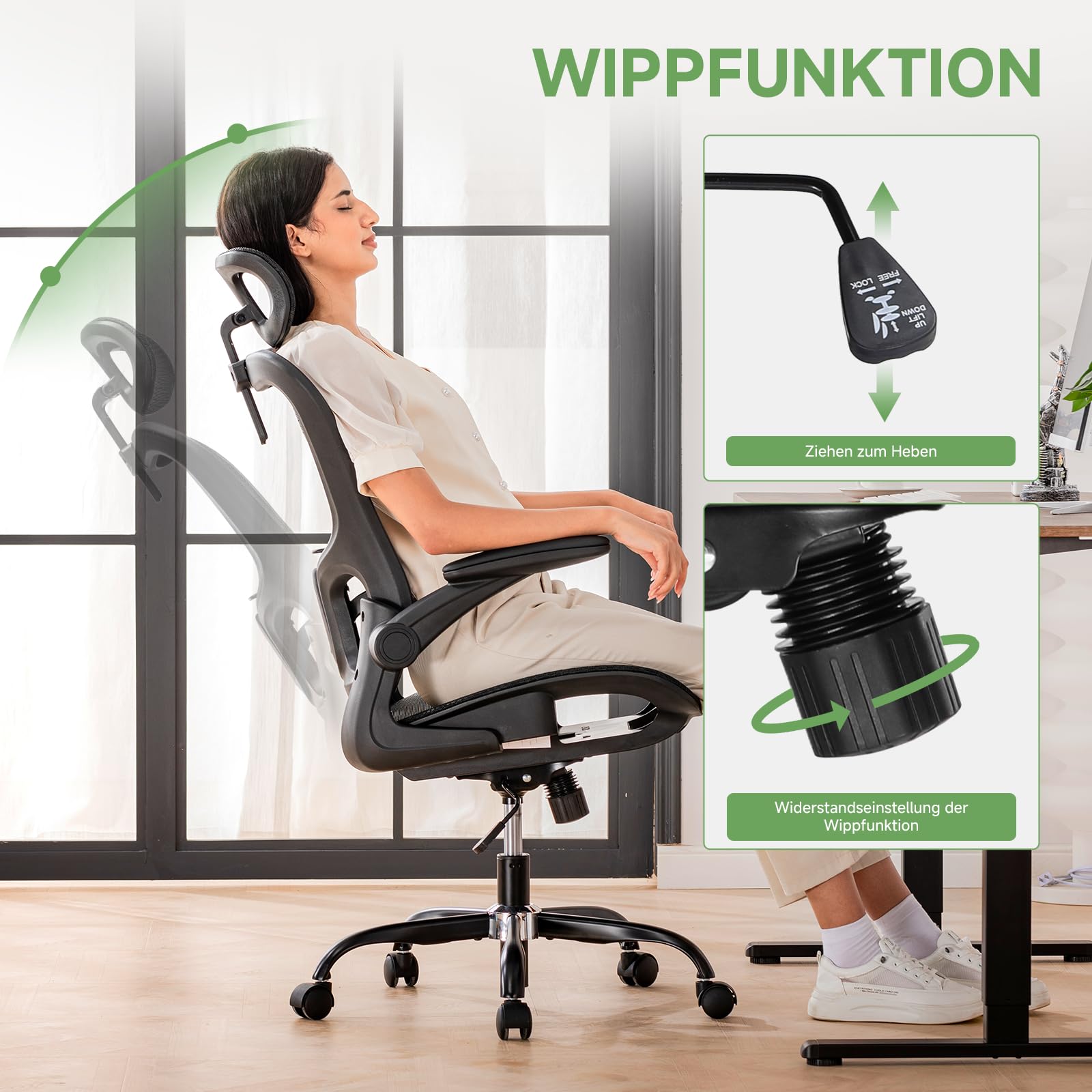 GTPLAYER Bürostuhl Ergonomisch, Schreibtischstuhl mit Verstellbarer Kopfstütze, Armlehnen, Lendenwirbelstütze, Büro Stuhl & Gaming Stuhl Wippfunktion, Chefsessel aus Mesh, 150kg(Schwarz)