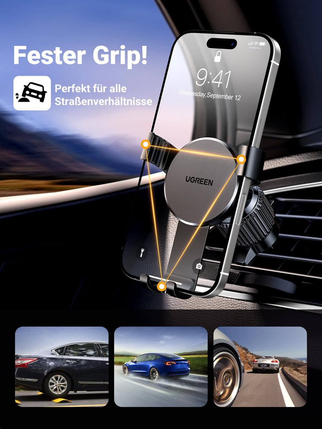 UGREEN Handyhalterung Auto [Upgrade Bombenfest Lüftungshaken] Smartphone Halterung für Lüftungsschlitze, kompatibel mit iPhone 17 16 15 14 13 Pro Max, Galaxy S23 S22 S21, Mate 60 Pro usw.(Schwarz)