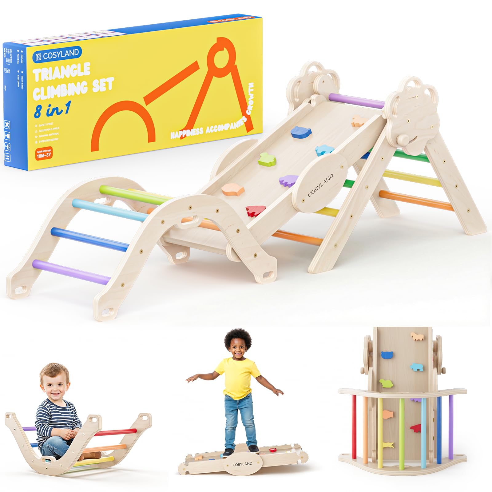 COSYLAND 8-in-1 Montessori Klettergerüst Indoor ab 1 Jahr – Kletterdreieck mit Rutsche, Kletterbogen & Kletterturm, Klassischer Regenbogen – Indoor Klettergerüst für Kinder, Baby Klettern Indoor