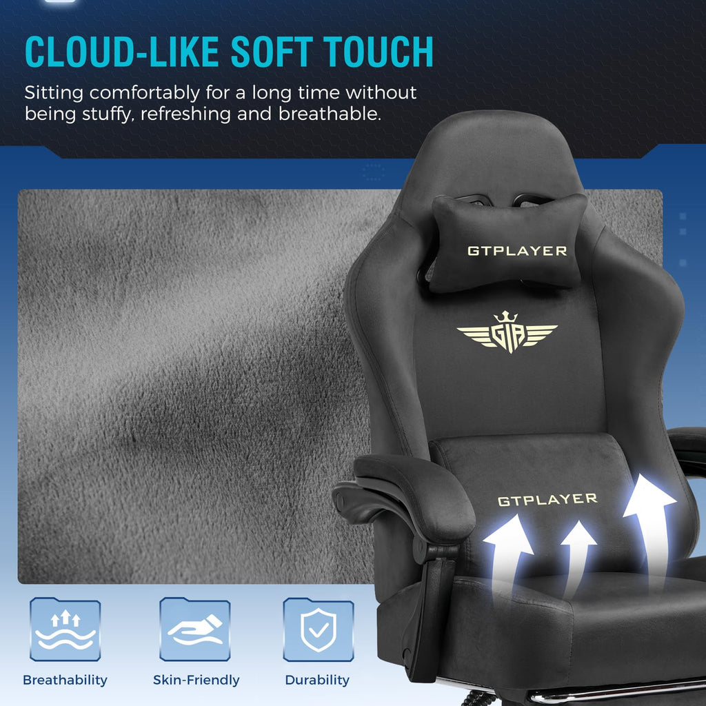 GTPLAYER Gaming Stuhl, Atmungsaktiver Bürostuhl, bürostuhl ergonomisch, Hochwertiger - Stoff, Ergonomischer PC Stuhl, 160° Verstellbare Rückenlehne und ausziehbare Fußstütze, Grau