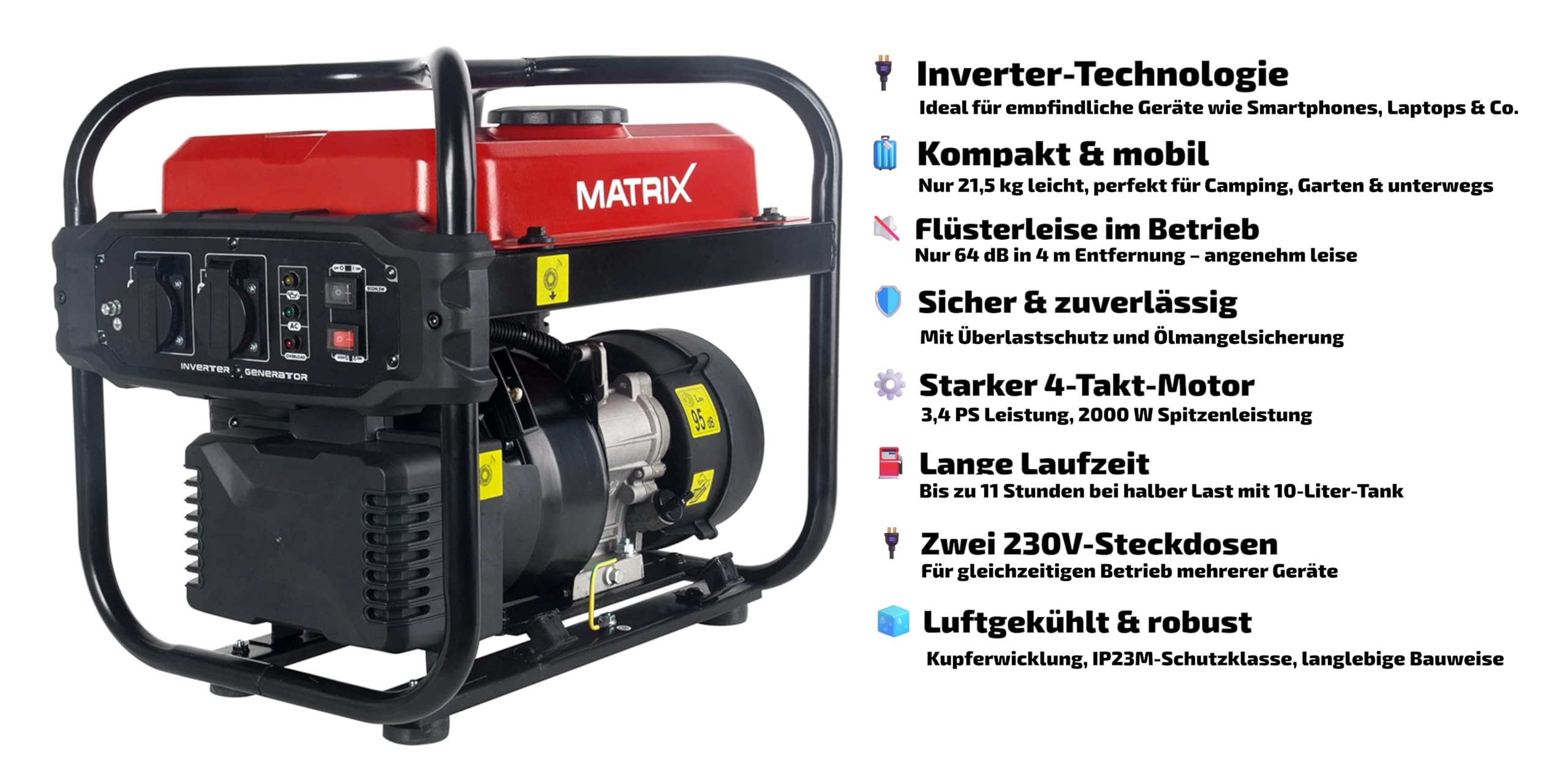 Matrix Notstromaggregat Benzin 2000 Watt Inverter Stromerzeuger Benzin Generator Stromaggregat tragbar Stromgenerator IG 2000i | 4 Takt | 2x230V | leicht 21,5kg Gewicht