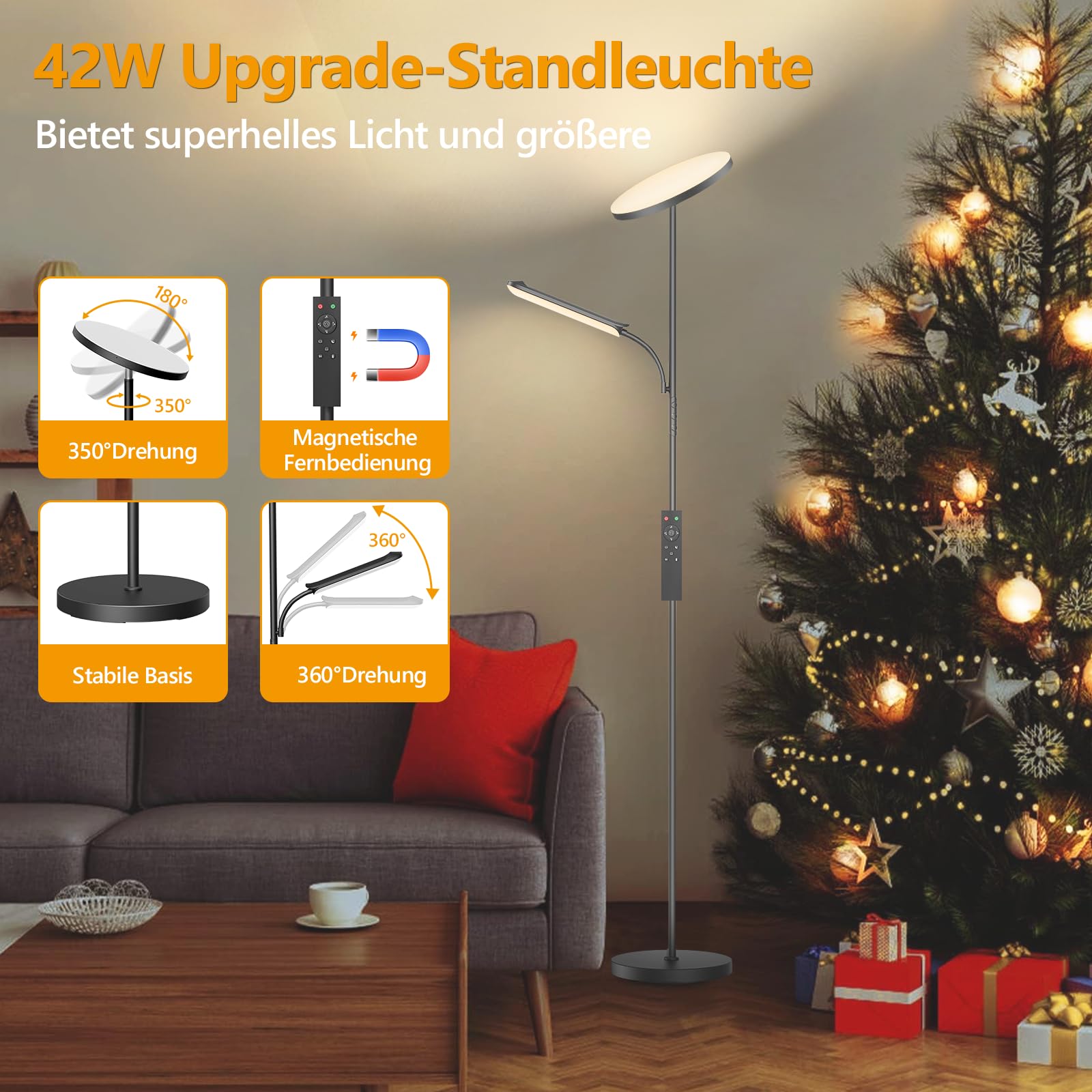 Stehlampe Wohnzimmer, 42W Deckenfluter mit Leselampe, 4200LM LED Stehlampe Dimmbar mit 2700K-6500K Farbtemperatu, Moderne Standleuchte mit Fernbedienung & Touch-Steuerung für Wohnzimmer Schlafzimmer