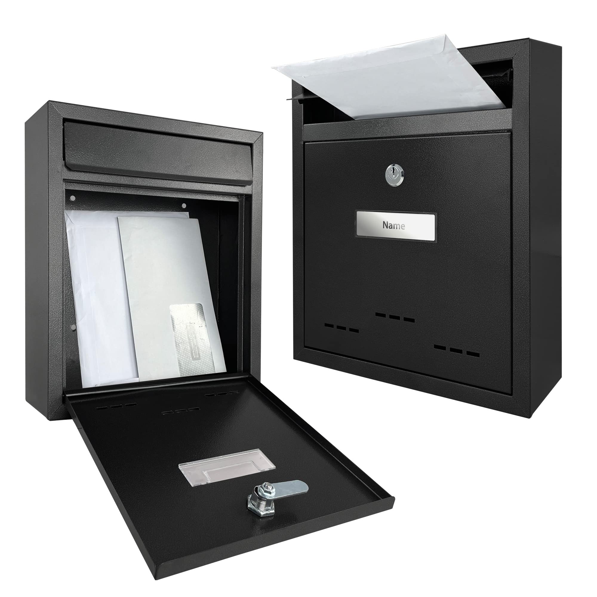 TÄGA 2218 Design Metall Briefkasten schwarz I DIN A4 Einwurfformat I mit Namensschild, Sichtfenster I abschließbar, inkl. 2 Schlüssel