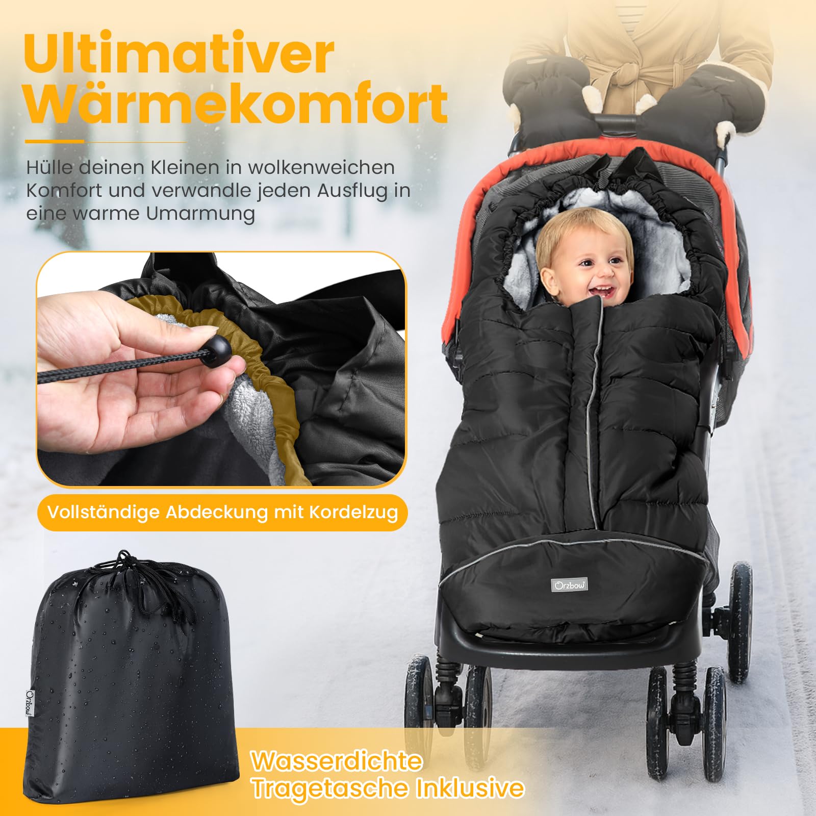 Orzbow Fußsack Kinderwagen Winter, Fußsack Buggy Fusssack Kinderwagen Baby Winter mit Wamres Korallen-Fleece, Reißverschluss, Anti-Rutschschutz & Reflektorstreifen, Universelle & Wasserdicht, Schwarz
