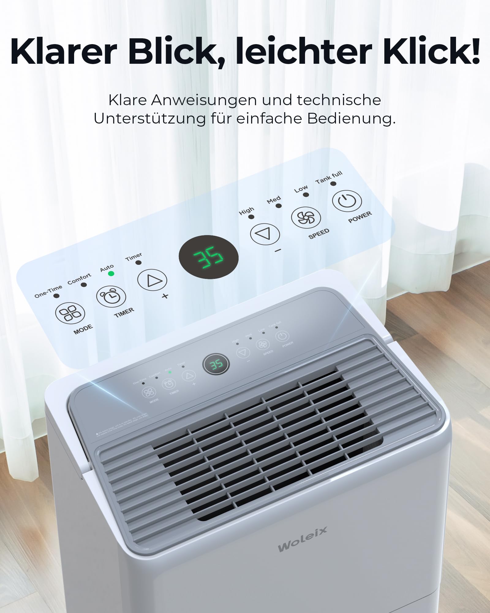 Woleix Luftentfeuchter elektrisch 50L, Entfeuchter elektrisch für Keller, Raumentfeuchter elektrisch 43dB für Räume bis zu 320m³/125m², mit Timer, Filter und 1M Ablaufschlauch, 10 J. Gar.