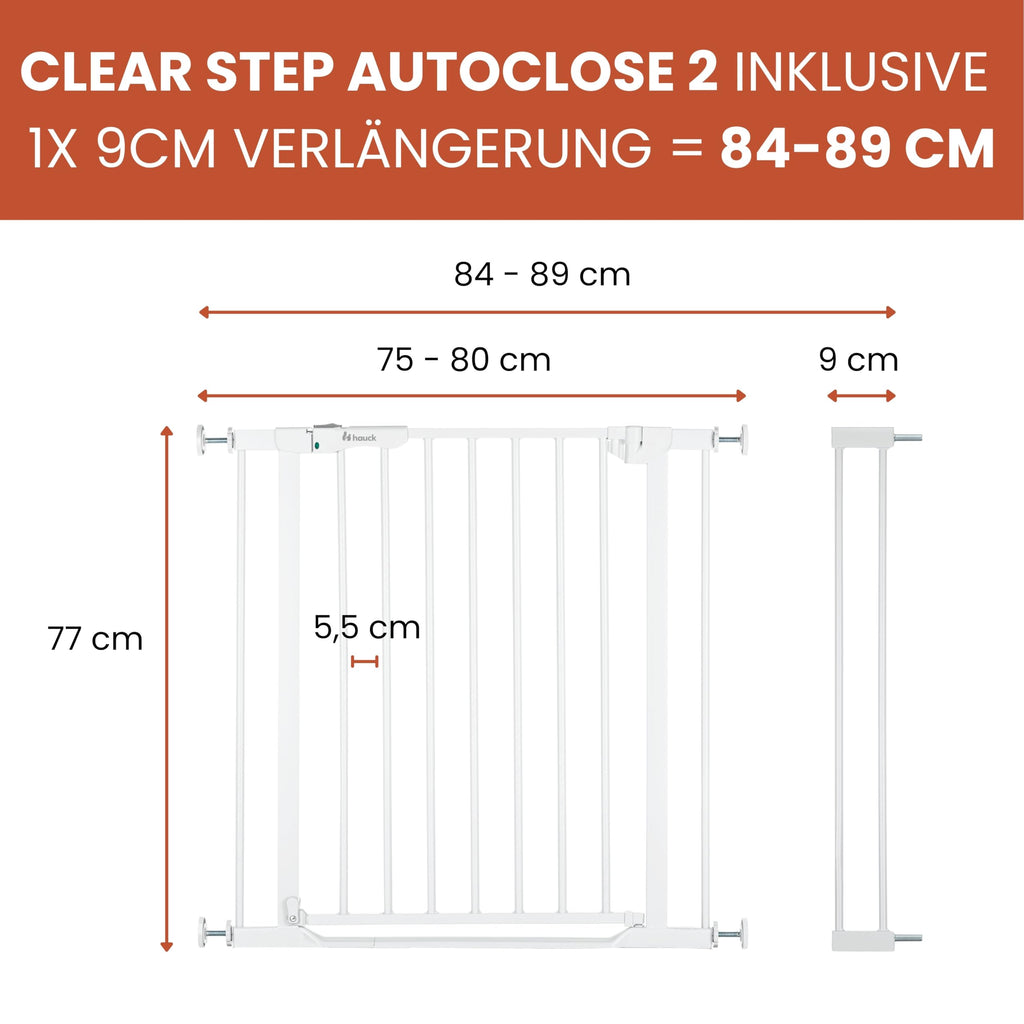 hauck Clear Step Autoclose 2 + 9cm Verlängerung, Weiß - Kinderschutzgitter Hundegitter Verstellbare Breite 84-89cm, 77cm Hoch, Selbstschließend, Flacher Einstieg, Einhand Öffnung, ohne Bohren