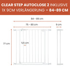 hauck Clear Step Autoclose 2 + 9cm Verlängerung, Weiß - Kinderschutzgitter Hundegitter Verstellbare Breite 84-89cm, 77cm Hoch, Selbstschließend, Flacher Einstieg, Einhand Öffnung, ohne Bohren
