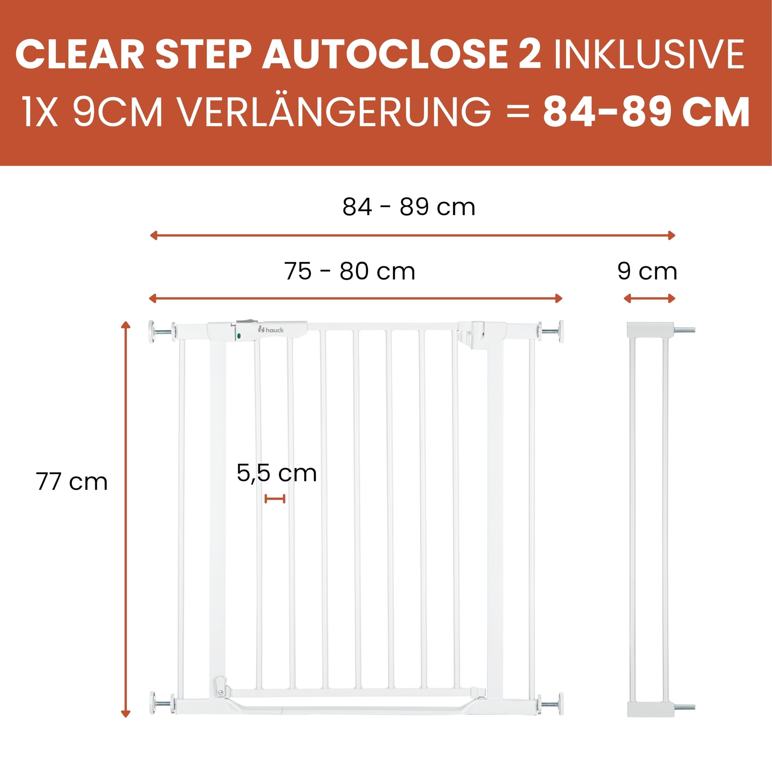 hauck Clear Step Autoclose 2 + 9cm Verlängerung, Weiß - Kinderschutzgitter Hundegitter Verstellbare Breite 84-89cm, 77cm Hoch, Selbstschließend, Flacher Einstieg, Einhand Öffnung, ohne Bohren