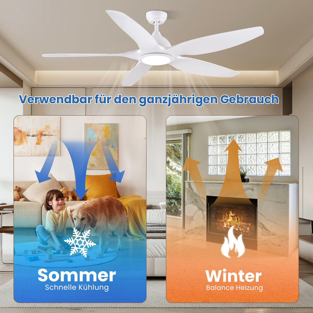 Newday Deckenventilatoren Große 153CM, Deckenventilator Weiß mit Beleuchtung und Fernbedienung Leise, Ventilator Lampe Decke mit 5 Flügel, Motor DC Reversibel, Speicherfunktion, Stufenloser Dimmer