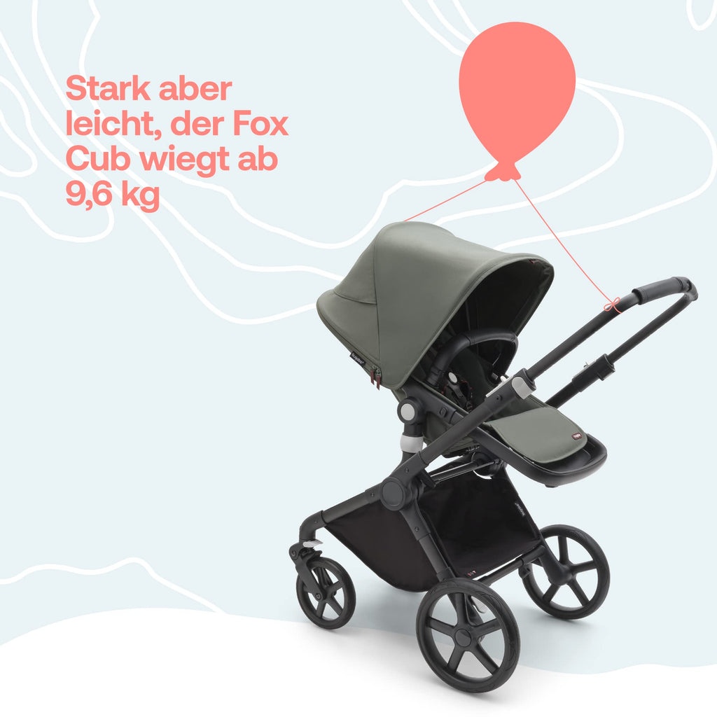 Bugaboo Fox Cub Kinderwagen für jedes Gelände, leichter und stabiler Kinderwagen, strapazierfähiges Design und extragroßes Sonnendach, einteilig und selbststehend faltbar, Forest Green
