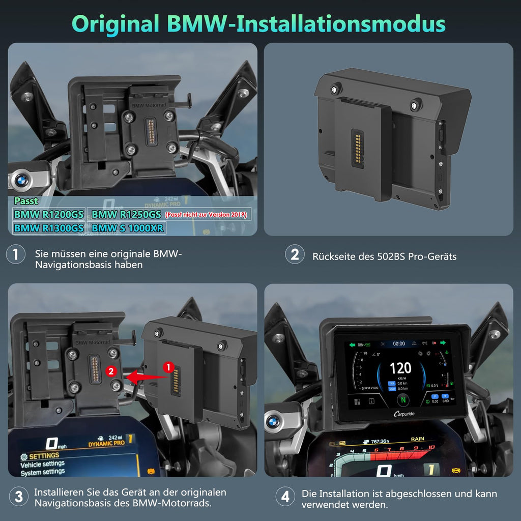 CARPURIDE W502BS Pro für BMW-Motorrad, CarPlay & Android Auto, Dual-Bluetooth, 5 Zoll Wasserdichter GPS-Navigations Bildschirm, Datenablesung, Native Wonder, TPMS, Lichtsensor, Musikfreigabe