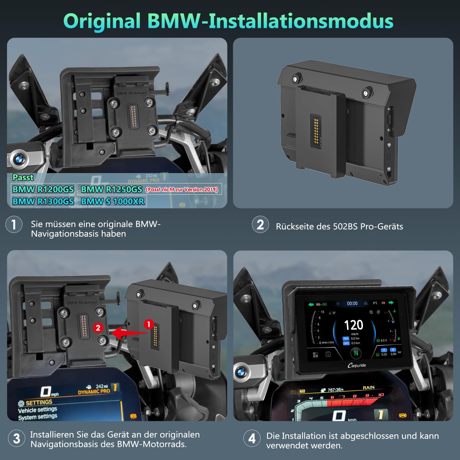 CARPURIDE W502BS Pro für BMW-Motorrad, CarPlay & Android Auto, Dual-Bluetooth, 5 Zoll Wasserdichter GPS-Navigations Bildschirm, Datenablesung, Native Wonder, TPMS, Lichtsensor, Musikfreigabe