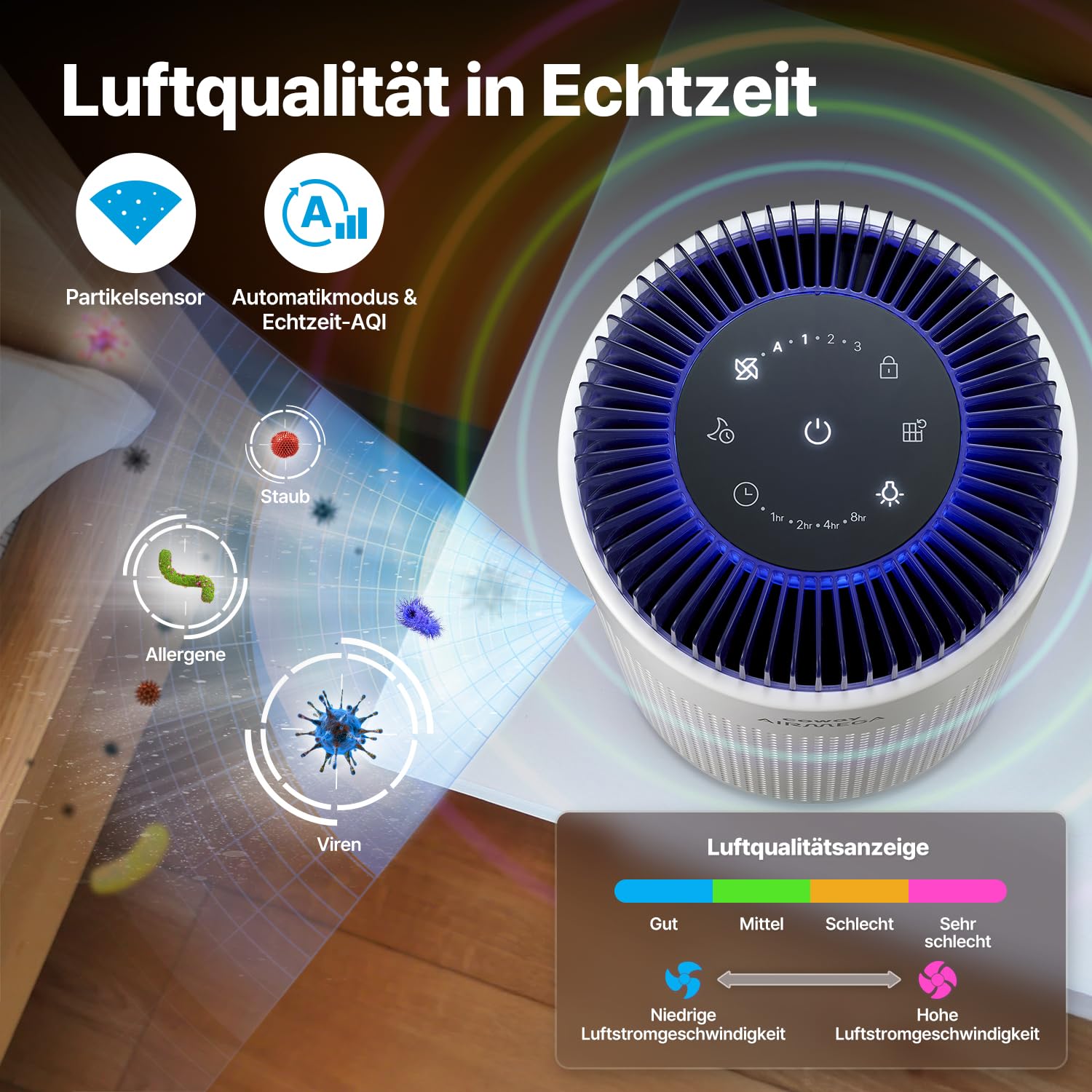 COWAY Luftreiniger Allergiker für Schlafzimmer & kleine Räume, leiser Luftreiniger mit 18,4 dB, CADR 120,1 m³/h, Mood Light, Automatik gegen Pollen, Staub, Tierhaare & Rauch, AIRMEGA 50